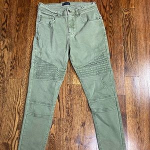 Olive green denim biker jeans
